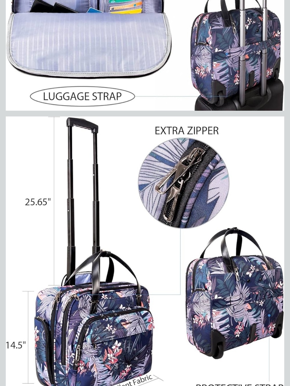 VANKEAN Rolling Laptop Case Premium Rolling Travel Luggage Bag Floral RFID - Picture 3 of 14